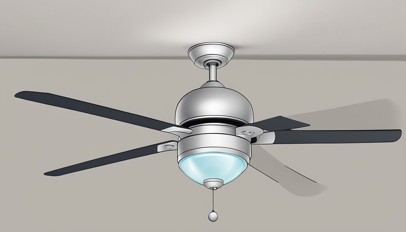 A ceiling fan and light fixture are securely installed with proper wiring and support brackets. Safety labels are visible and clear