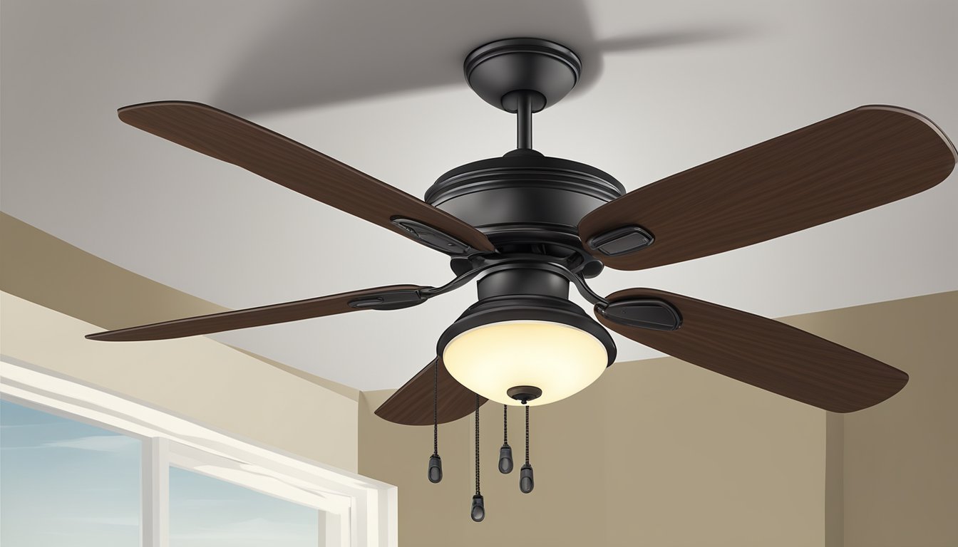 A ceiling fan and light fixture hang from the center of a room, with the fan blades spinning and the light shining down