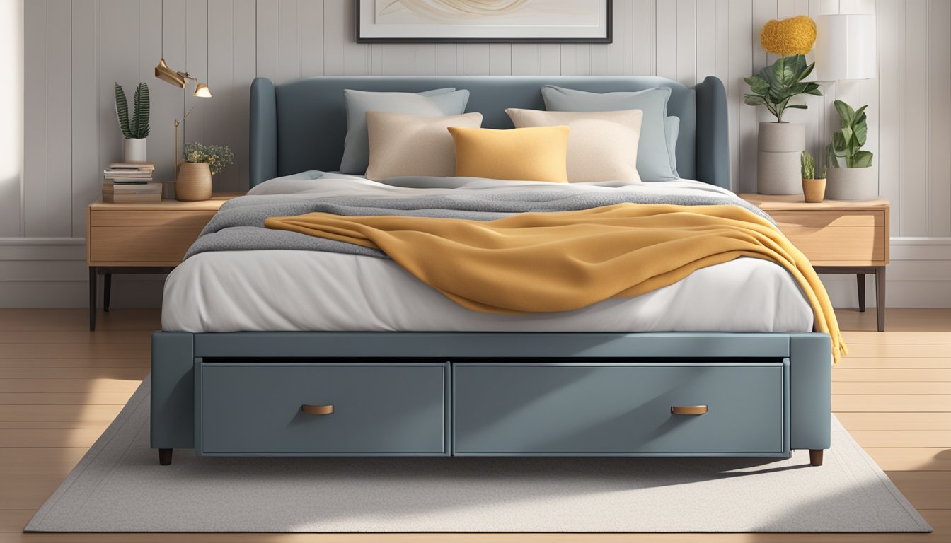 A storage bed with drawers open, revealing neatly organized blankets and pillows inside. The bed is made with crisp linens and a cozy throw blanket draped across the foot