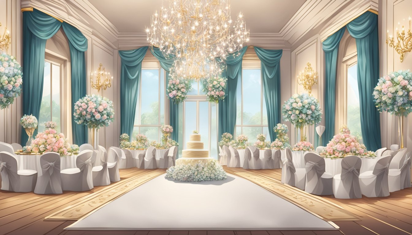 A lavish wedding venue with elegant decorations and a gift table overflowing with envelopes and presents