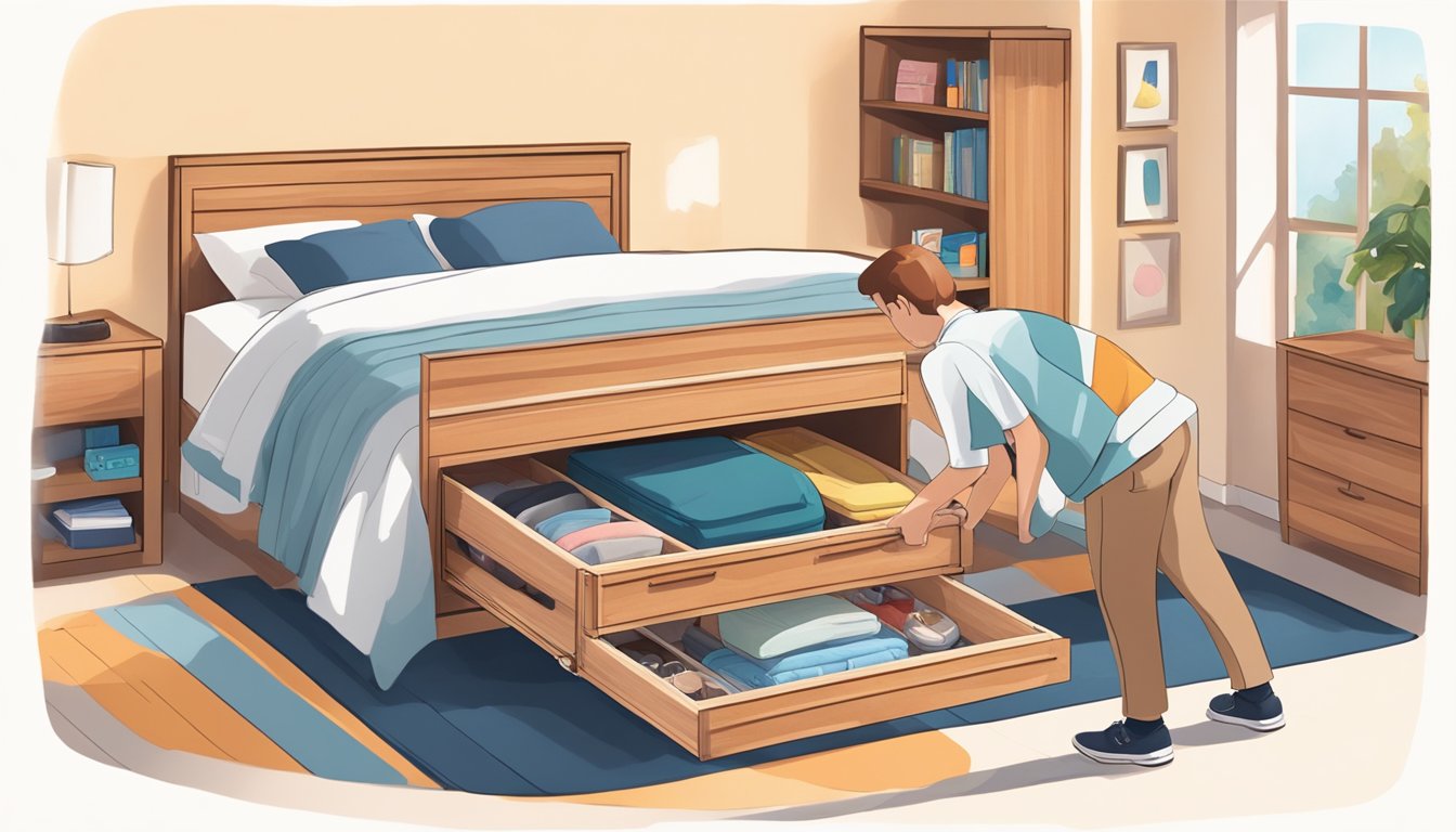 A person opens the storage bed to reveal hidden compartments and shelves. Items such as blankets, shoes, and books are neatly organized inside