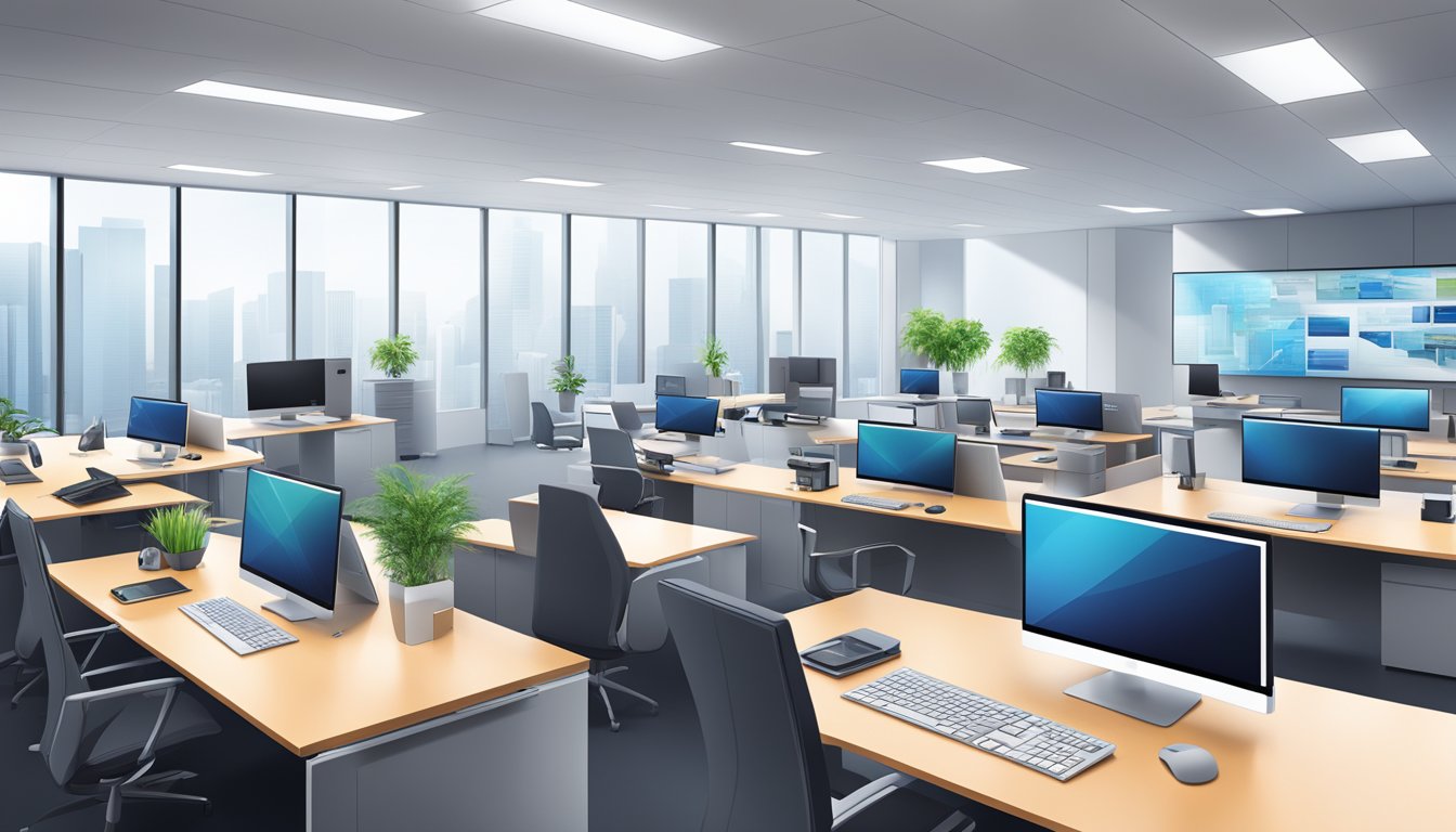 A sleek, modern office setting with various electronic devices and cutting-edge technology products from Toshiba on display