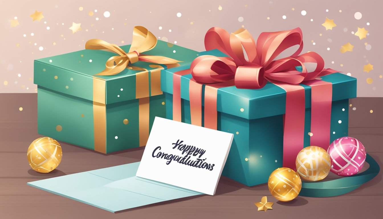 A beautifully wrapped gift box with a ribbon sits on a table, surrounded by festive decorations and a card with the words "Congratulations" written on it