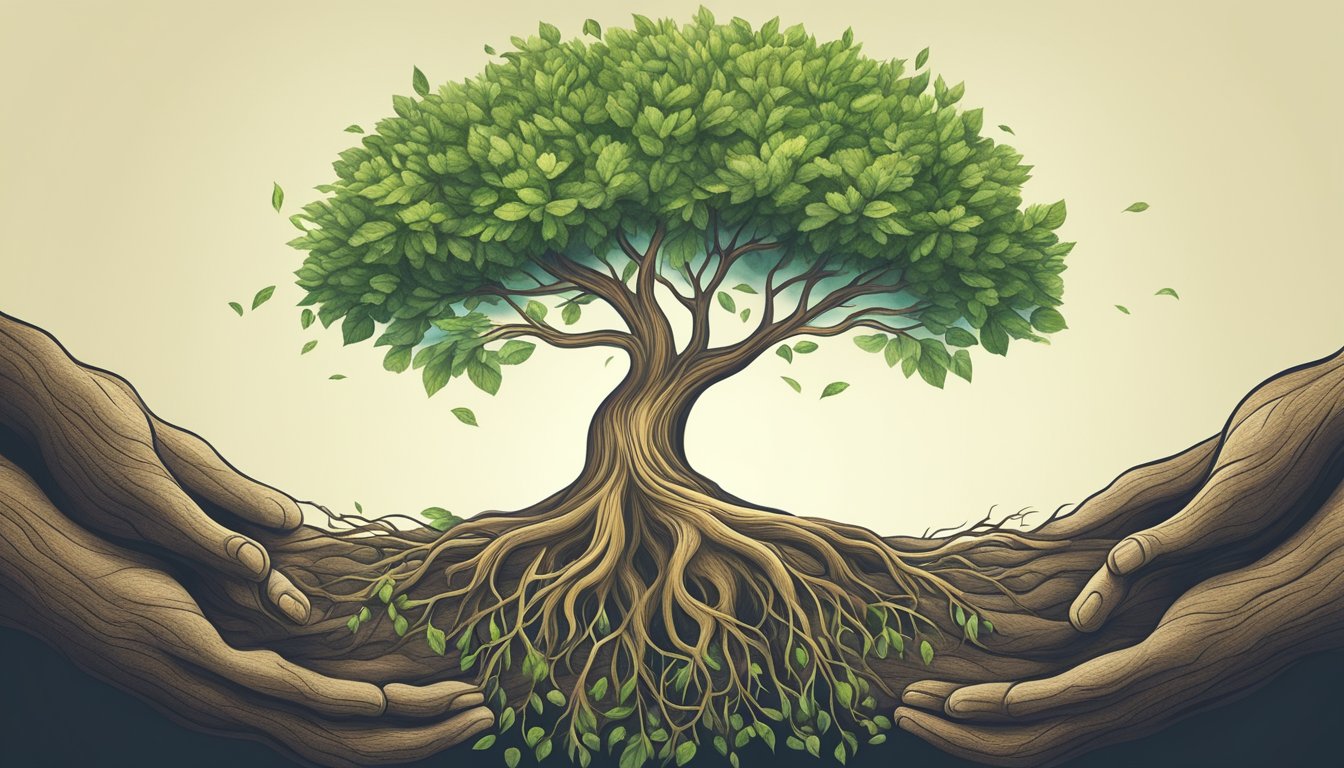 A tree with strong roots and flourishing branches symbolizing sustainable growth, with a supportive hand reaching out to nurture it