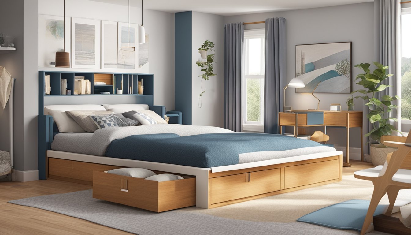 A bedroom with a storage bed: drawers and compartments underneath, neatly storing blankets, pillows, and other items. The bed's sleek design and efficient use of space create a practical and organized sleeping area