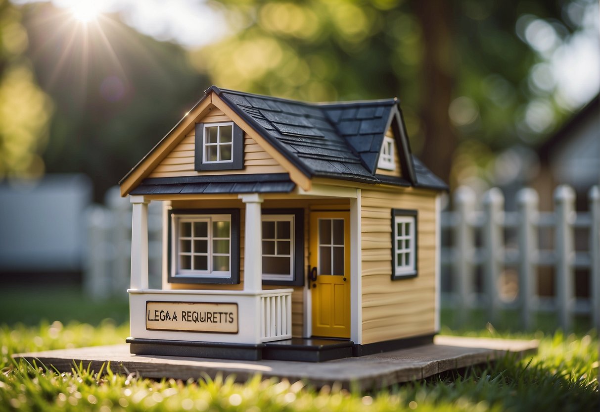 A tiny house nestled in a backyard, surrounded by a fence, with a sign displaying "Zoning and Legal Requirements" prominently placed