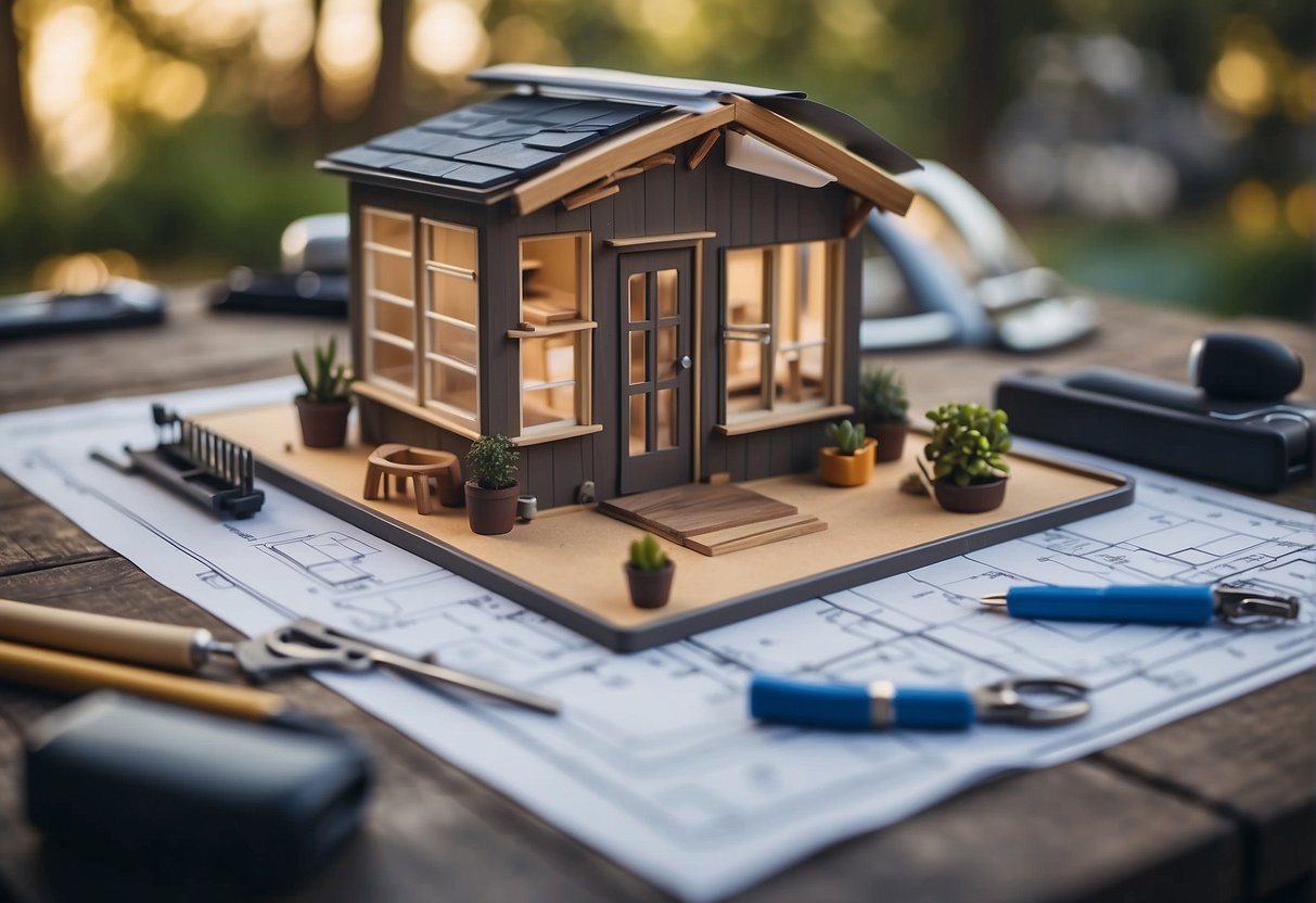 A blueprint of a tiny house with a backyard in the background, surrounded by tools, materials, and a construction plan