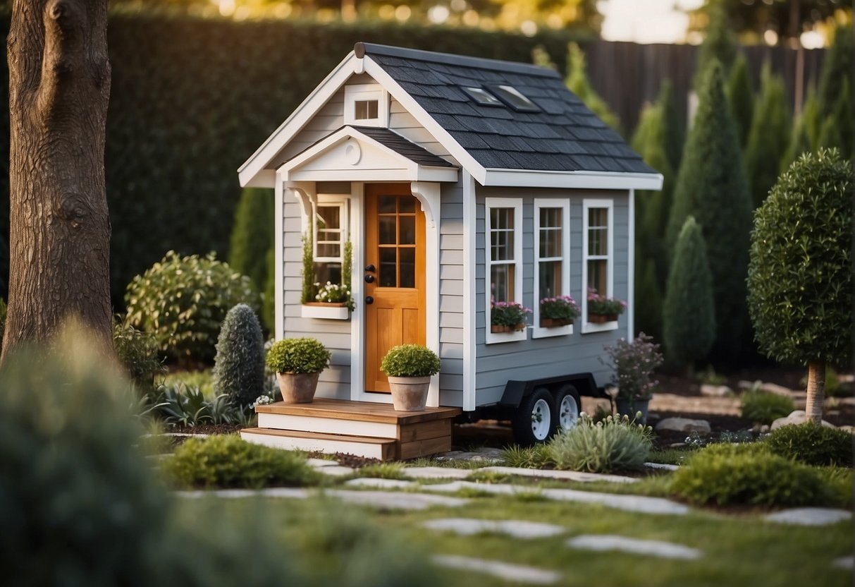 A backyard with a small, stylish tiny house. A sign reads "Frequently Asked Questions: Can you build a tiny house in your backyard?"