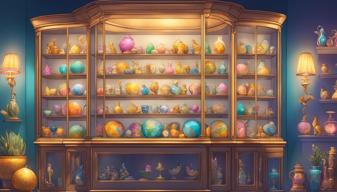 A display cabinet filled with colorful trinkets and delicate figurines, illuminated by soft overhead lighting