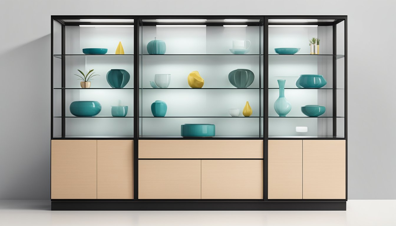 A sleek, modern display cabinet with clean lines and glass panels showcasing elegant design pieces