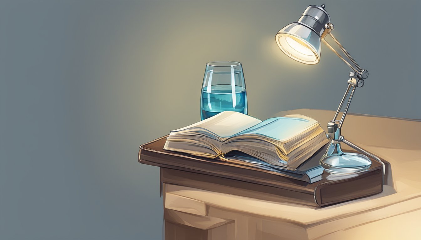 A small bedside table with a lamp, a book, and a glass of water
