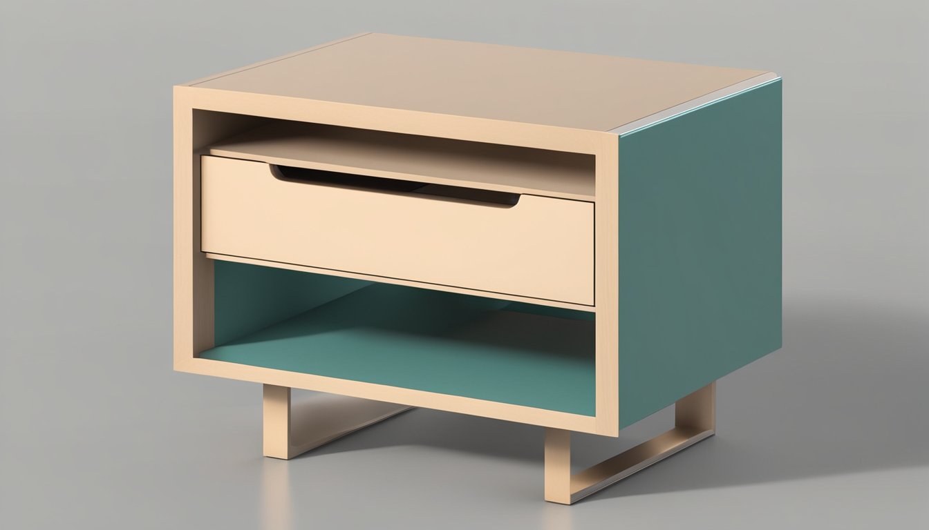 A modern, sleek bedside table with clean lines and minimalist design. It features a single drawer for storage and a small open shelf for easy access. The table is made of high-quality wood with a smooth, glossy finish