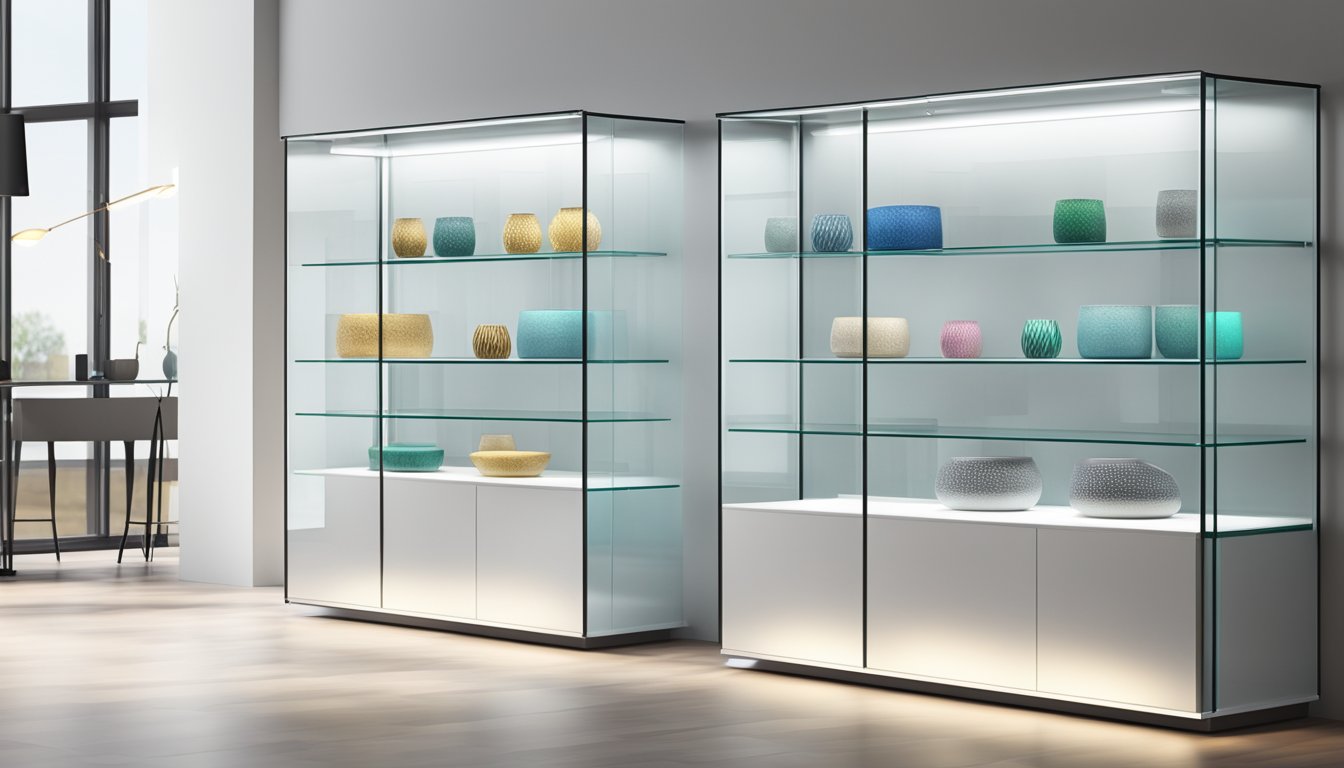 A sleek, modern display cabinet stands against a white wall, its glass shelves showcasing various items with precision lighting