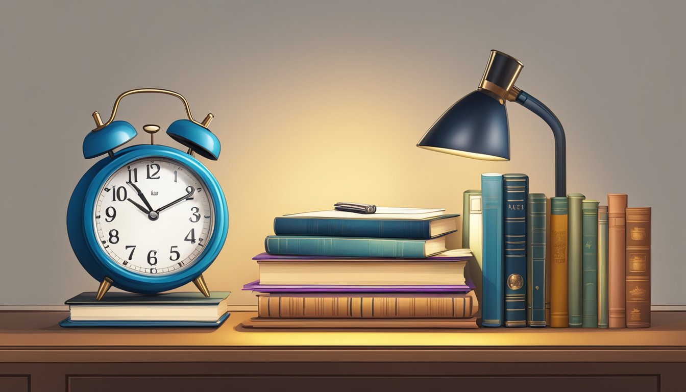 A small bedside table with a stack of books, a reading lamp, and a digital clock