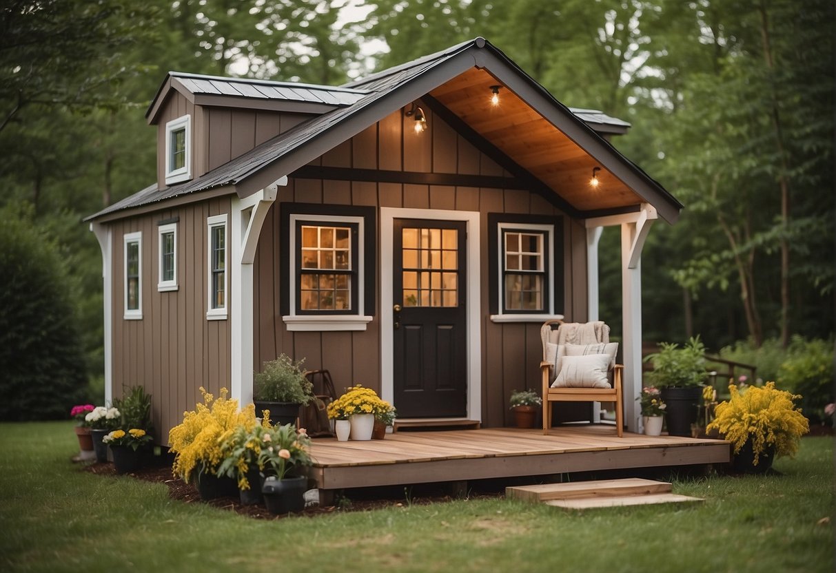 A small shed is transformed into a cozy tiny house with a loft, windows, and a front porch