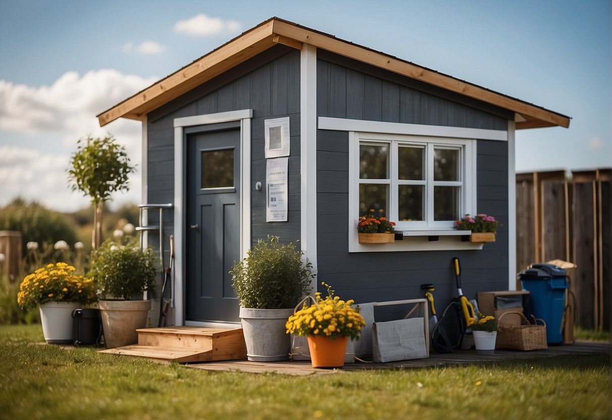 A shed with measurements and zoning regulations on one side, and a tiny house with a question mark on the other