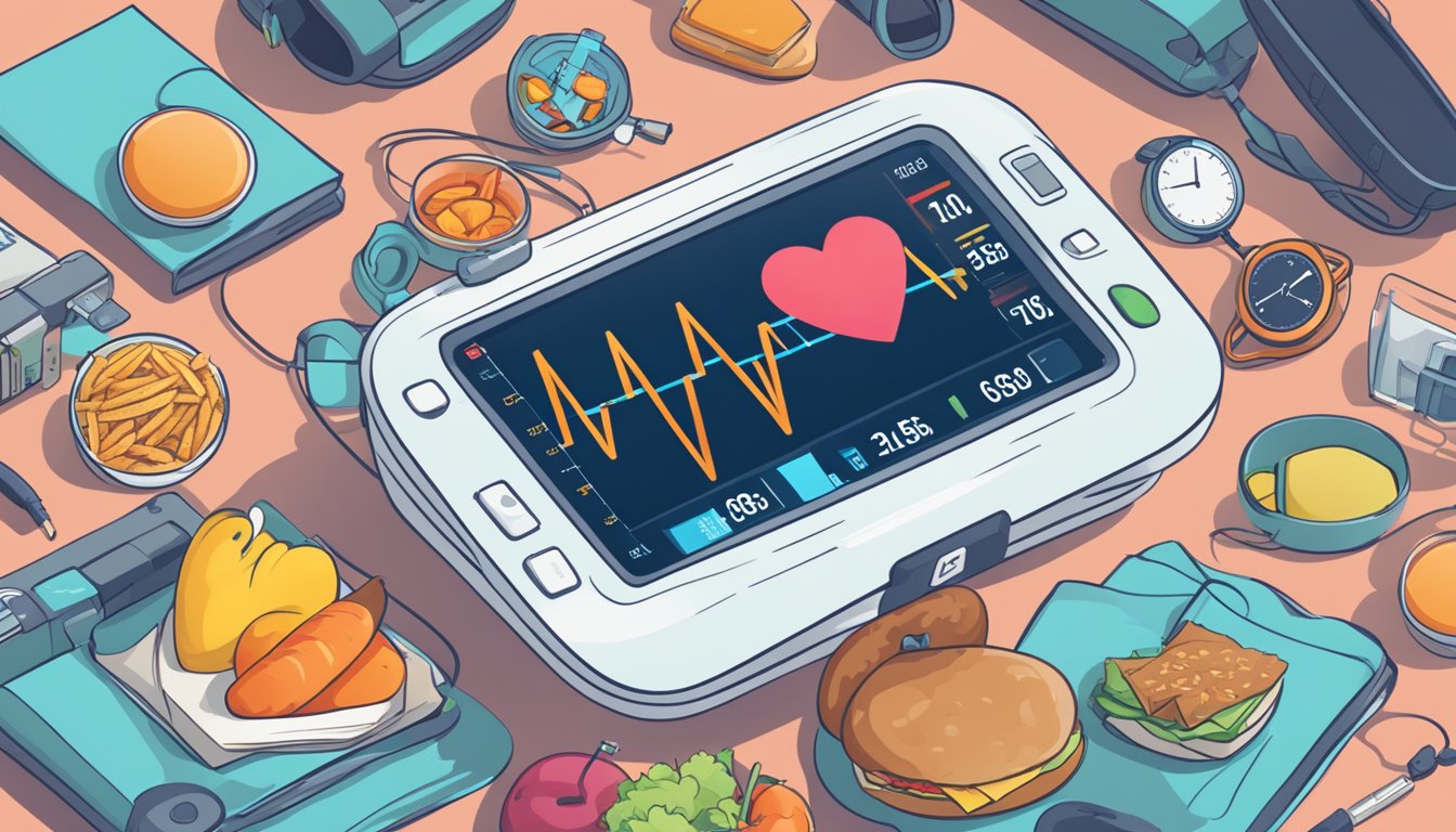 A heart rate monitor displaying a high reading, surrounded by images of unhealthy lifestyle choices like smoking, fast food, and lack of exercise
