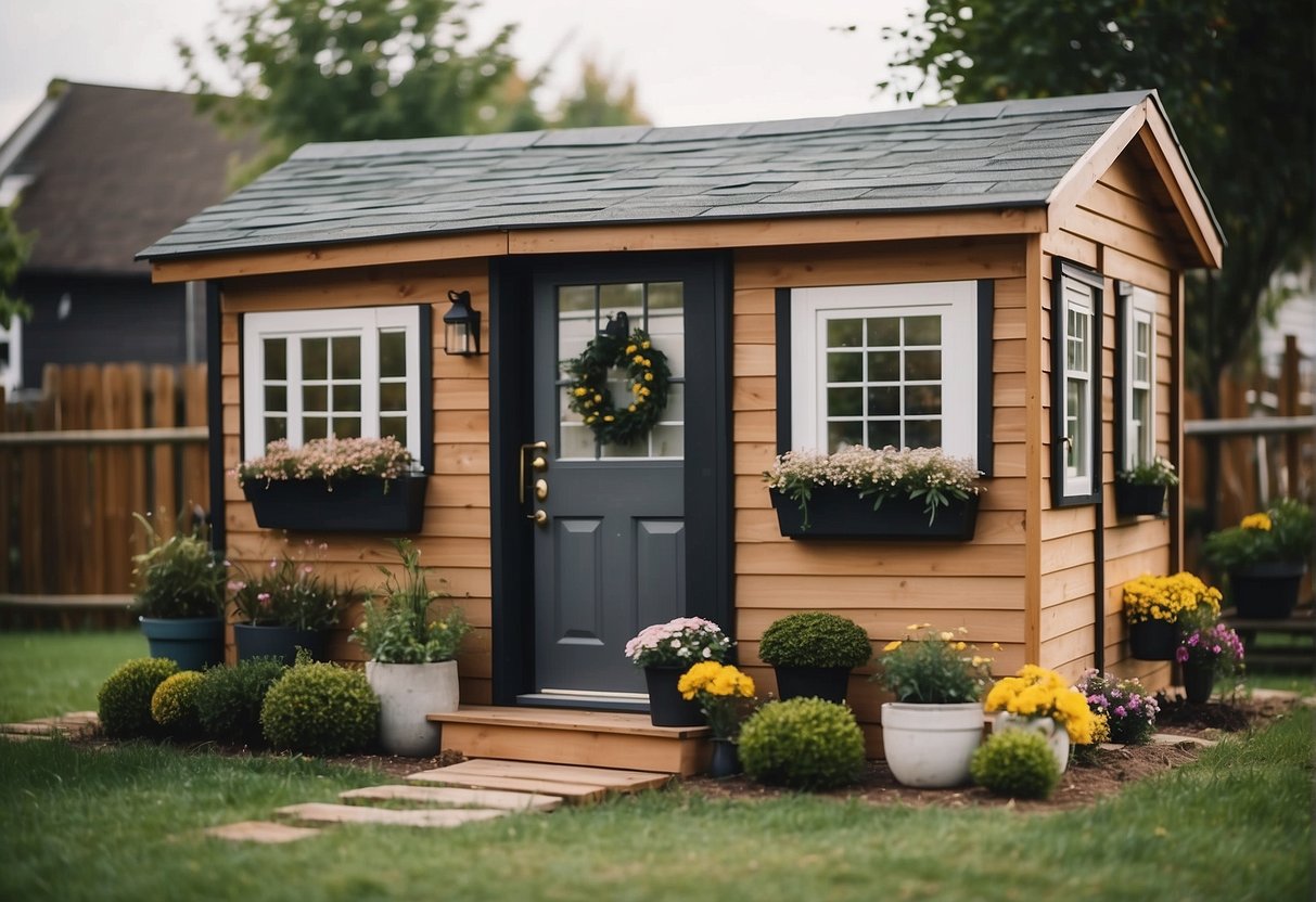 A small shed being transformed into a cozy tiny house with added windows and a front porch