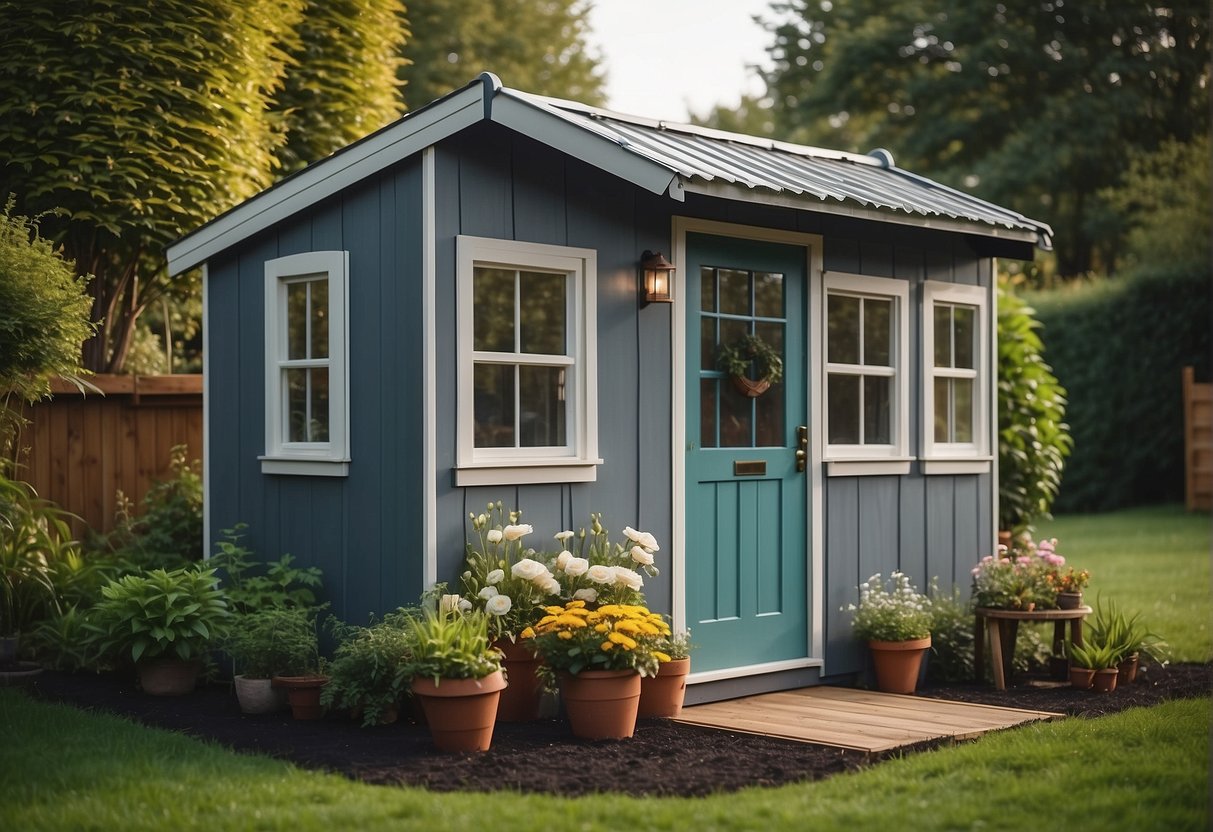 A small shed transformed into a cozy tiny house, with a front door and windows, surrounded by a lush garden