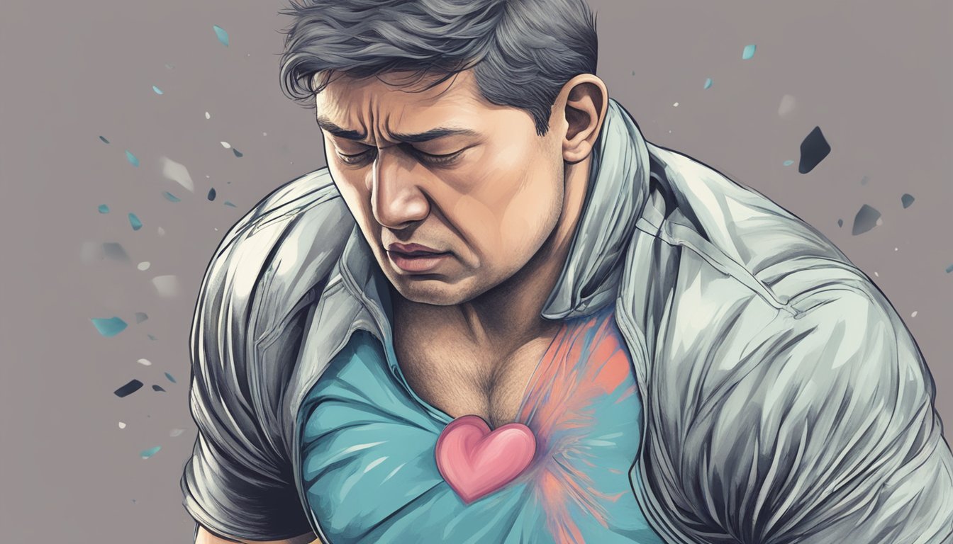 A racing heart, sweating, and dizziness. A person struggling to breathe, clutching their chest