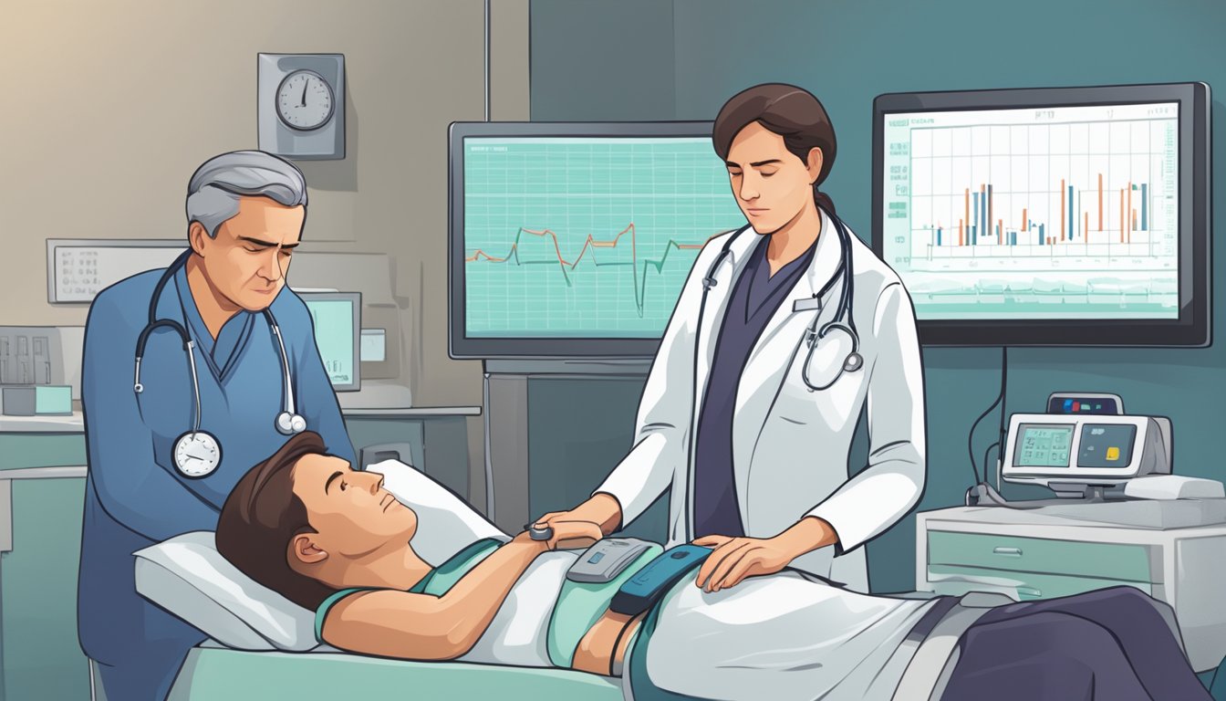 A heart rate monitor beeping rapidly, a doctor with a concerned expression, and a patient lying on a hospital bed