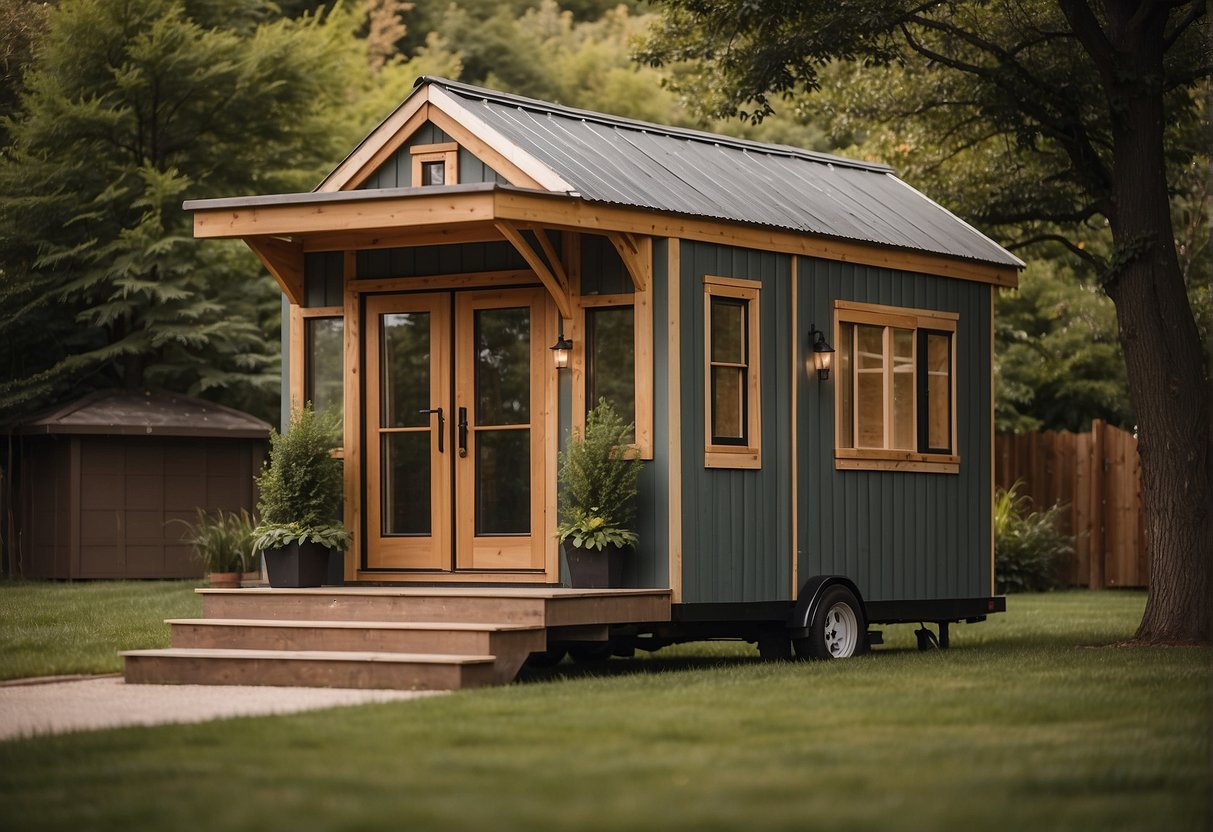 A tiny house sits on a grassy lot, surrounded by trees. A breakdown of costs hovers above, with categories like materials, labor, and permits