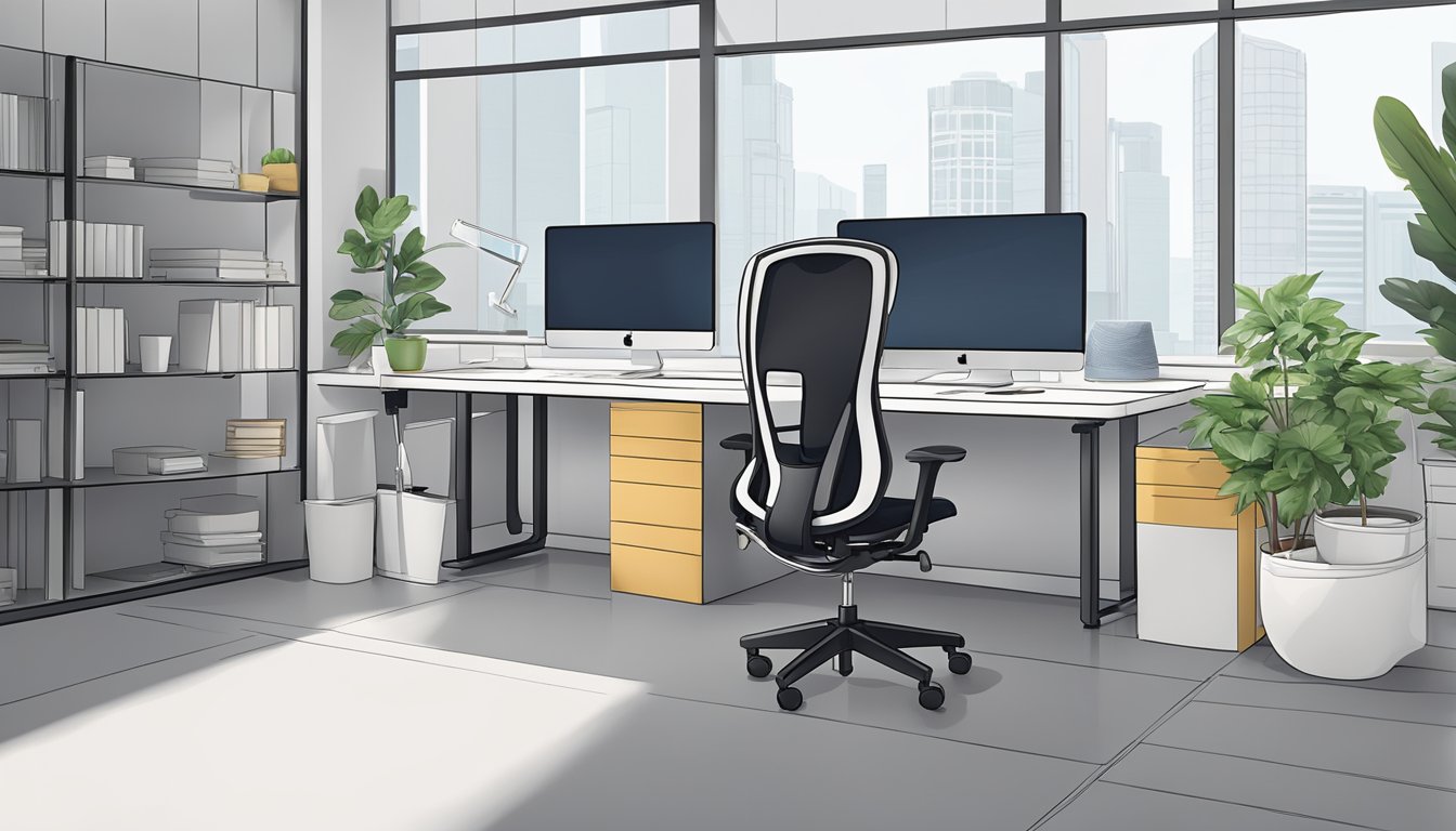 A sleek, ergonomic office chair sits in a modern Singapore workspace, with adjustable features and lumbar support for comfort and productivity