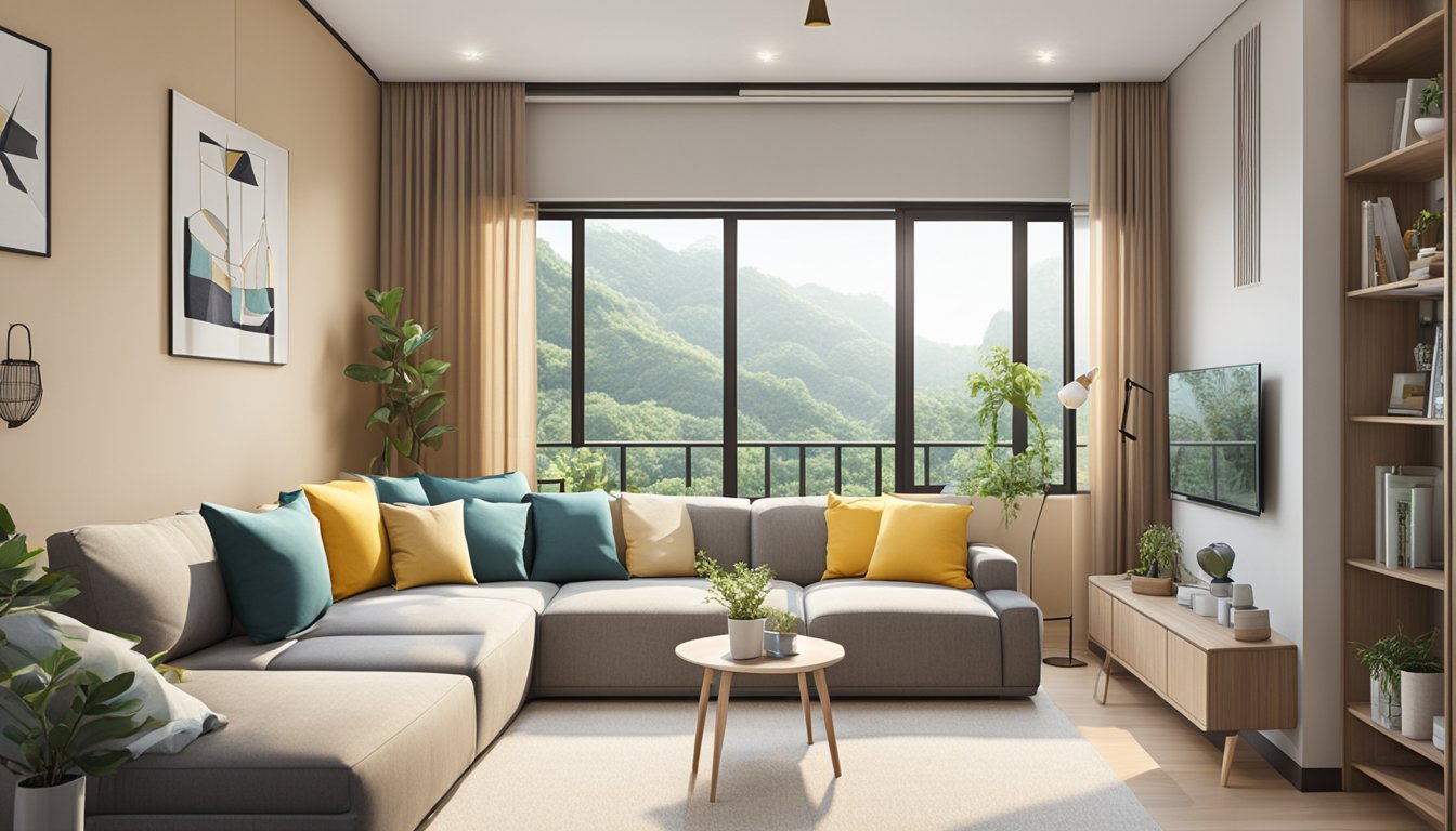 A cozy living room with modern furniture and bright natural lighting in a resale 3-room HDB flat