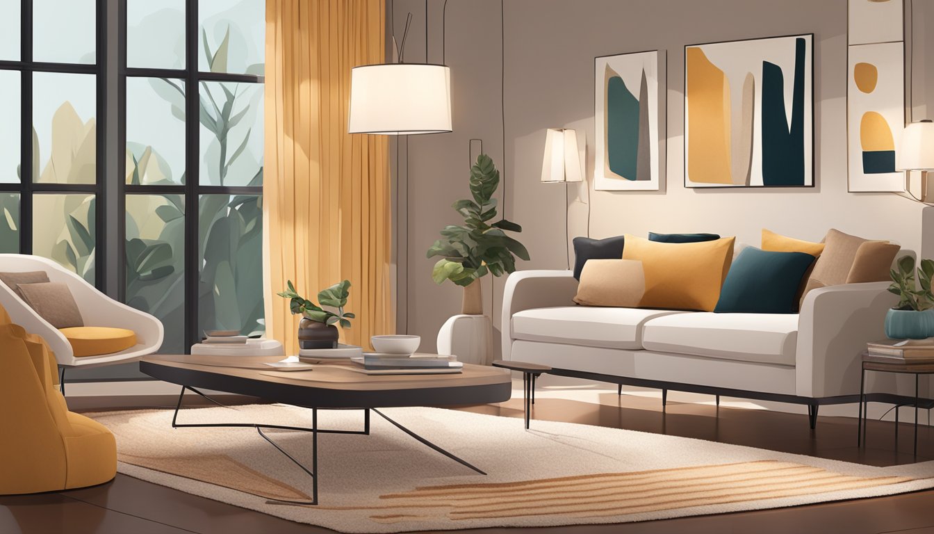 A cozy living room with a plush sofa, soft throw pillows, and a warm, inviting color scheme. A large, elegant rug ties the space together, while a sleek coffee table and modern lighting add a touch of sophistication