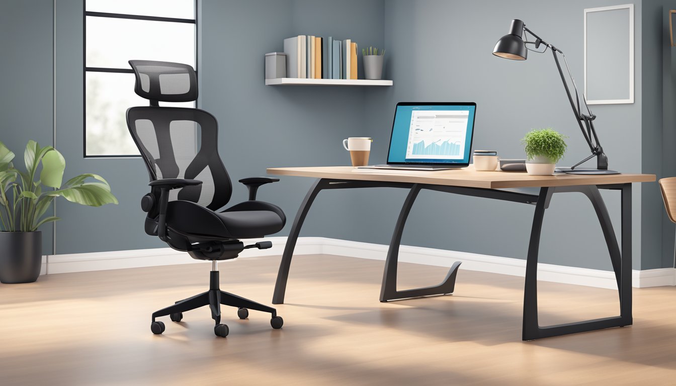 A sleek, ergonomic office chair with adjustable lumbar support and breathable mesh material, positioned in front of a spacious desk with a laptop and a cup of coffee