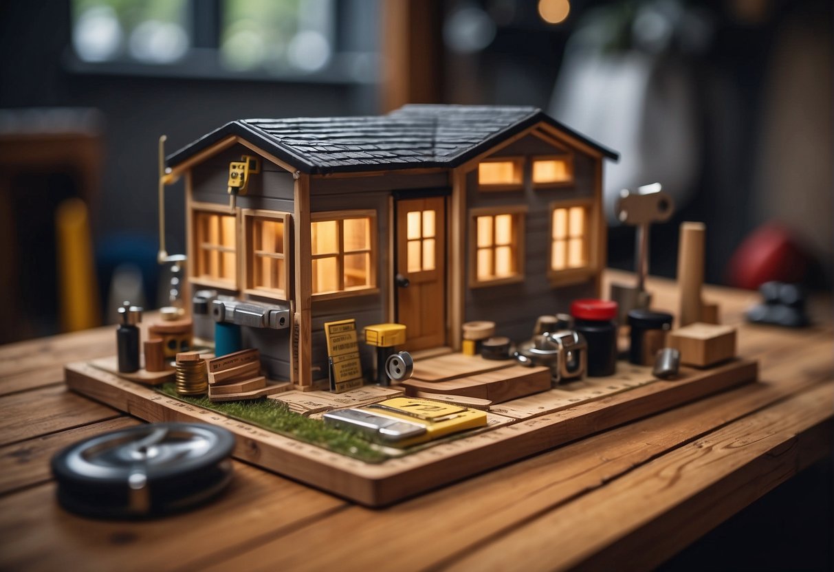 A tiny house kit sits on a wooden platform, surrounded by tools and building materials. A measuring tape and price tag are visible