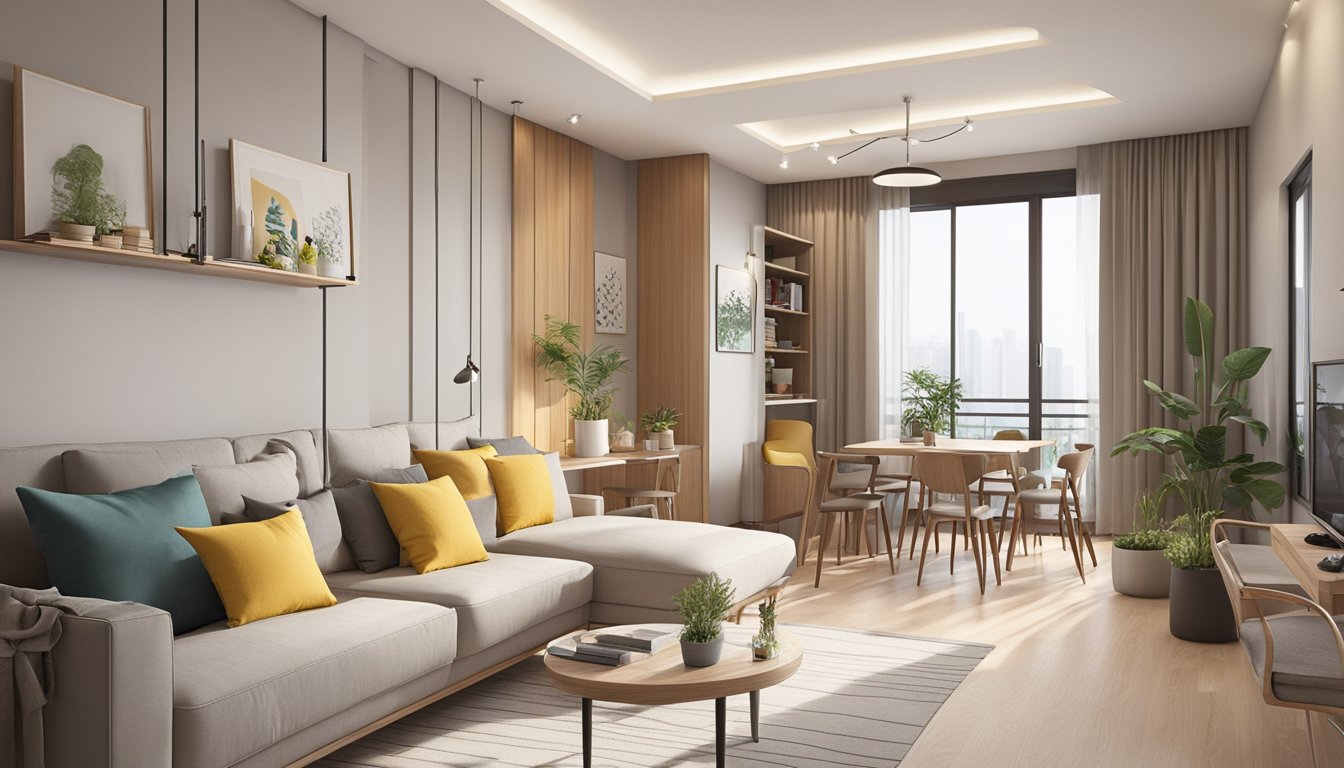 A cozy 3-room HDB resale flat with modern furnishings, a spacious living area, and a functional kitchen. Bright natural light streams in through the windows, creating a warm and inviting atmosphere