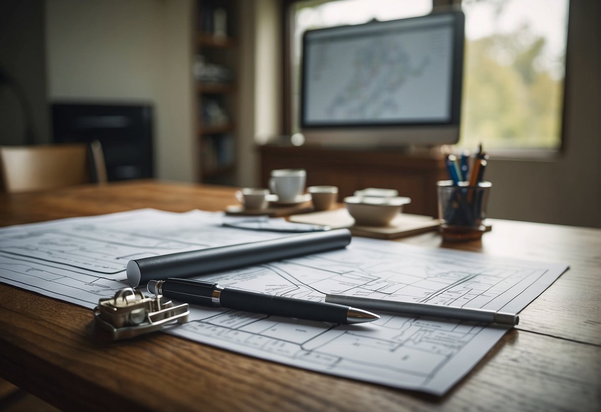 A table with blueprints, zoning maps, and cost estimates for a tiny house kit. Pens, rulers, and calculators scattered around