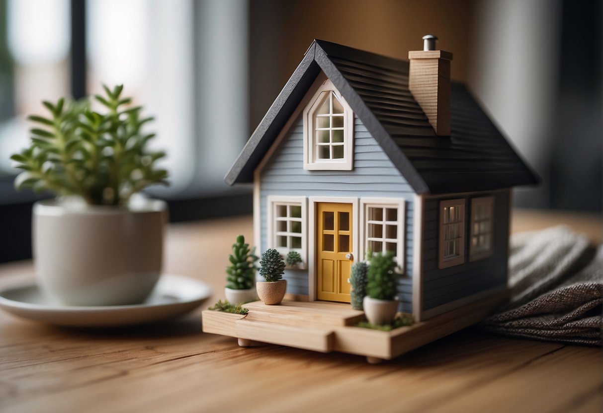 A small, pre-fabricated house kit sits on a table with a price tag. A sign reads "Frequently Asked Questions: How much is a tiny house kit?"