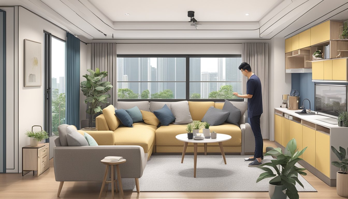 A couple examines a 3-room HDB flat in Singapore, surrounded by real estate agents and potential buyers. The unit's layout and features are highlighted, showcasing its resale potential