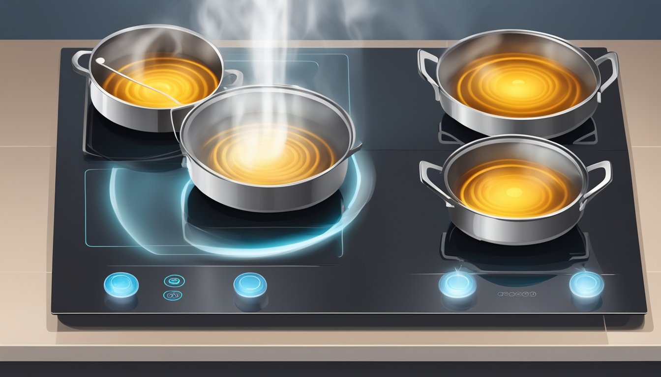 An induction stove sits on a kitchen countertop, plugged into a power source. A pot of water boils on the burner, emitting steam