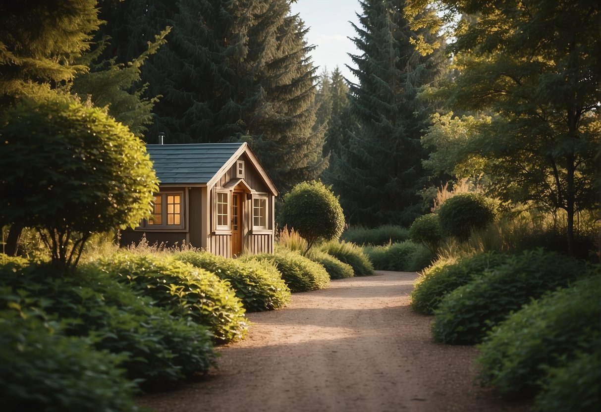 A narrow path leads to a tiny house nestled between towering trees, with a width barely wider than the surrounding garden