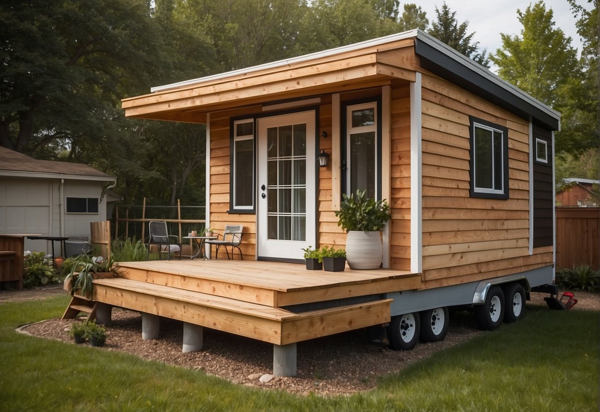 A tiny house measuring 8.5 feet wide, with a maximum height of 13.5 feet, sits on a foundation, surrounded by a 3-foot setback from the property line