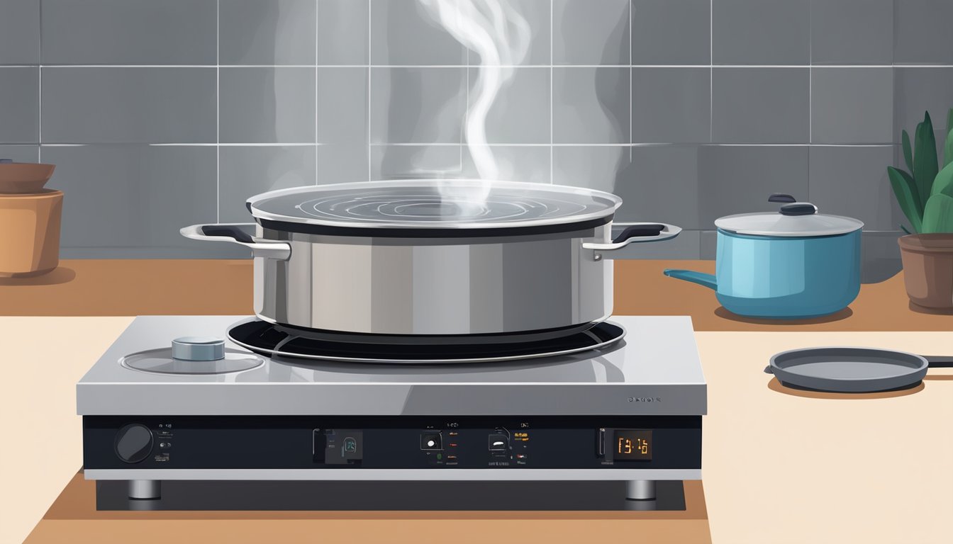 An induction stove sits on a small table, plugged into an outlet. Nearby, a pot of water sits on the stove, steam rising from it