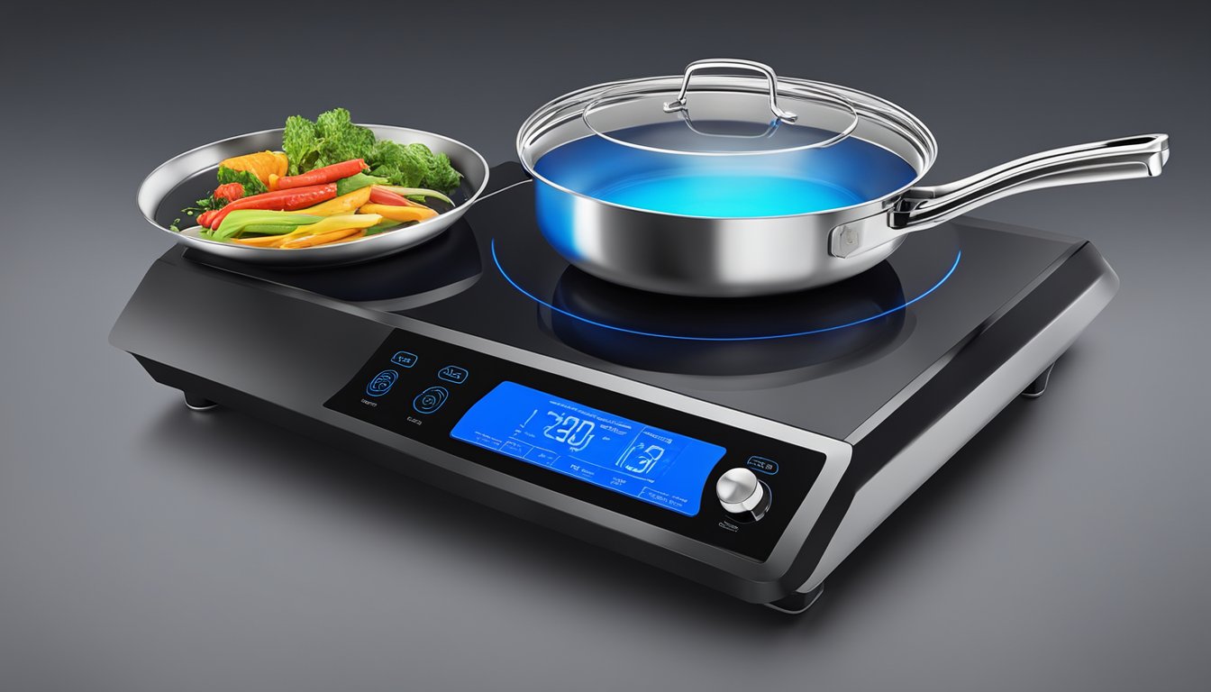 A portable induction stove with sleek design and touch controls, emitting blue flames and heating a pot quickly