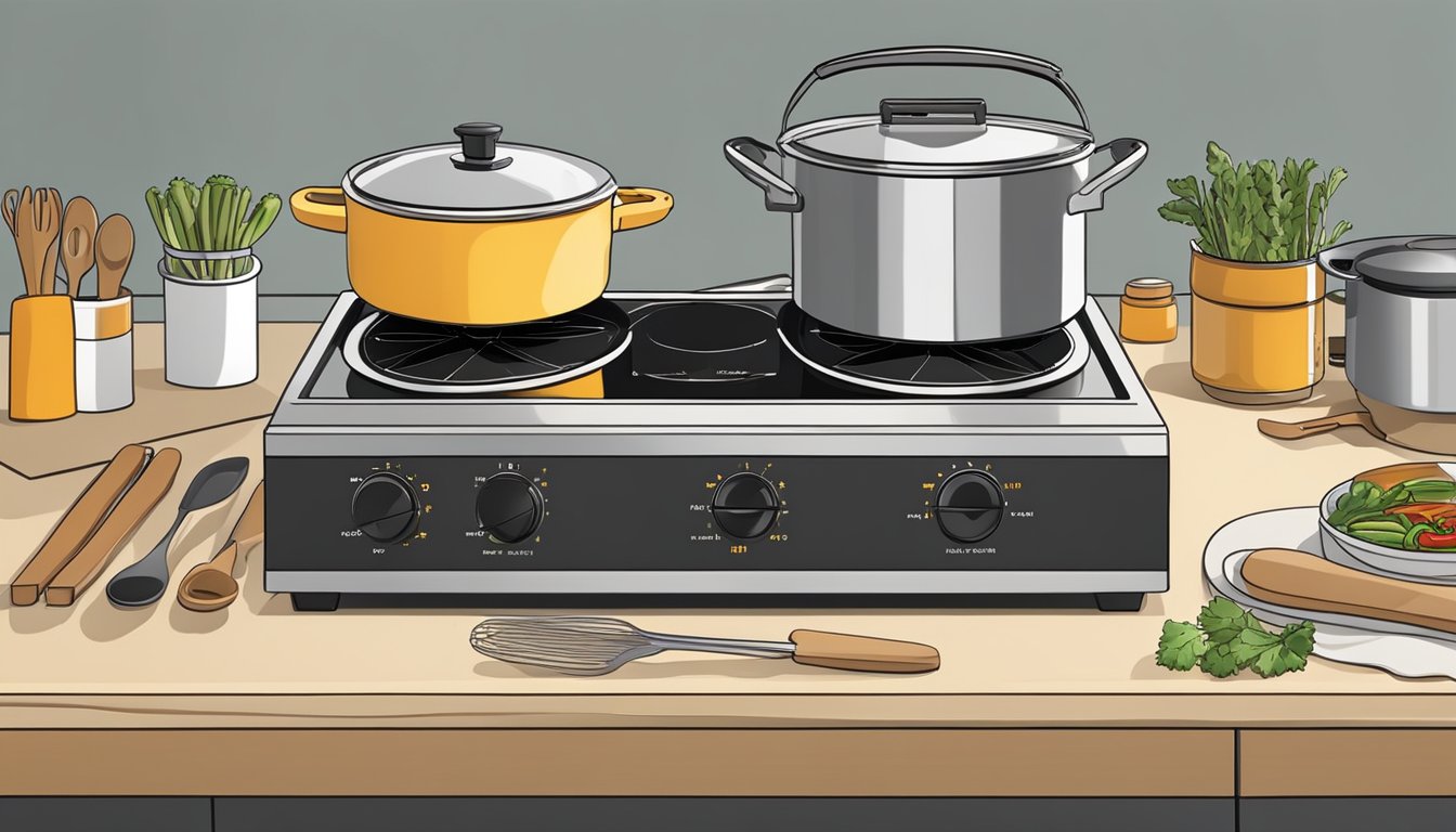 An induction stove sits on a portable countertop, surrounded by various cooking utensils. The stove is plugged into a nearby outlet, ready for use