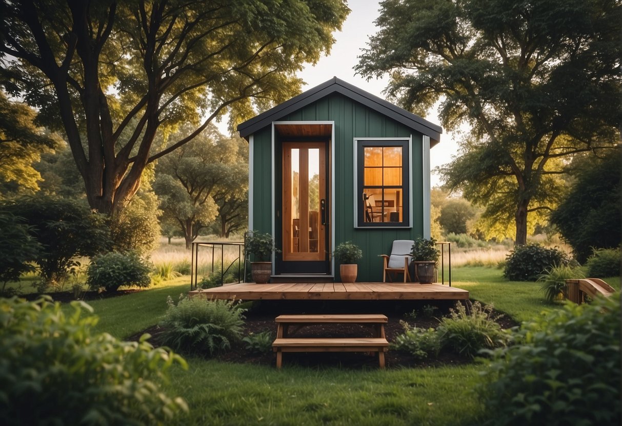 A tiny house sits on a serene, green landscape. Its width is emphasized, with a clear view of the exterior design and surrounding space