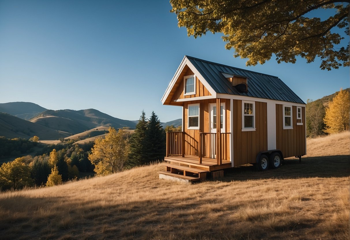 A tiny house sits against a backdrop of rolling hills, with a clear blue sky above. The house is no wider than a single car, nestled among trees