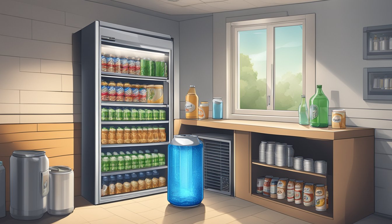 A small room with a cooler in the corner, filled with cans and bottles. The cooler has a glass door and a digital temperature display