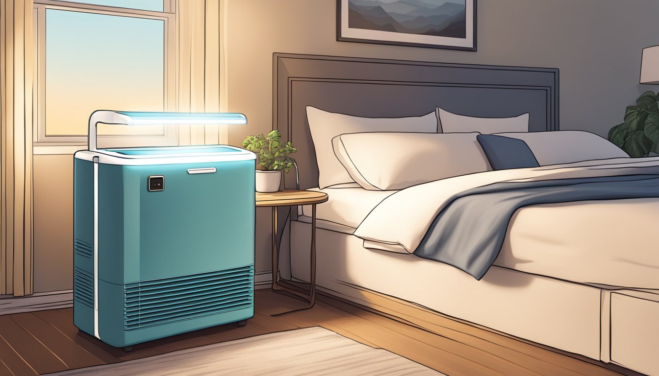 A small room cooler sits on a table next to a bed, emitting a gentle stream of cool air. The room is cozy and inviting, with soft lighting and comfortable furnishings