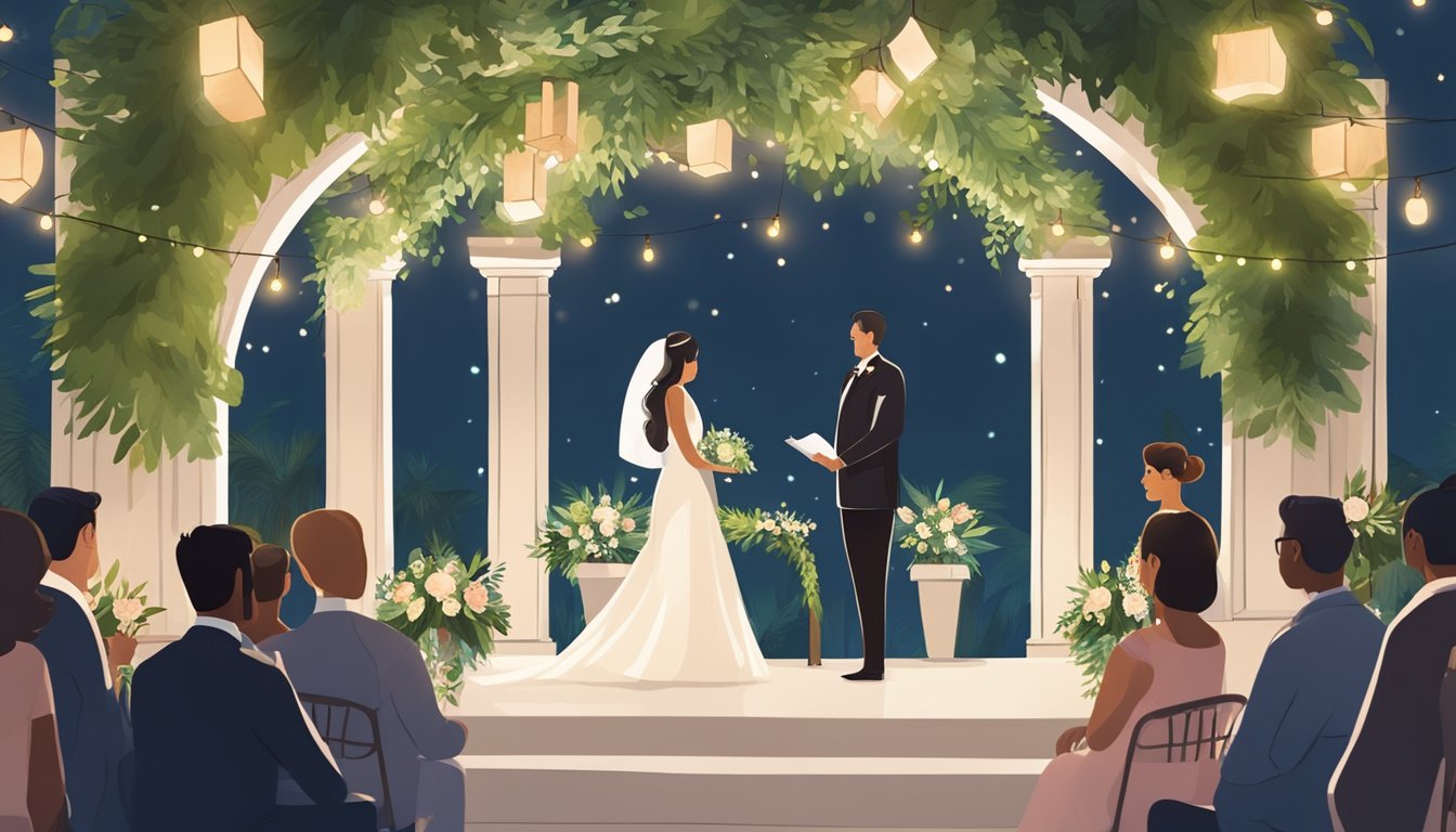 A couple exchanging vows under a beautifully decorated arch, surrounded by lush greenery and twinkling lights, while a wedding planner oversees the seamless execution of the event