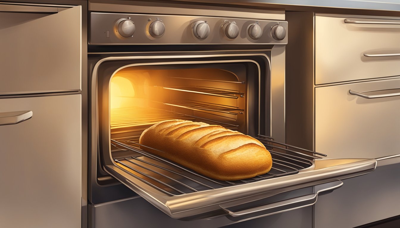 A golden-brown loaf emerges from the glowing oven, steam rising. The oven door is slightly ajar, revealing the warm, inviting interior