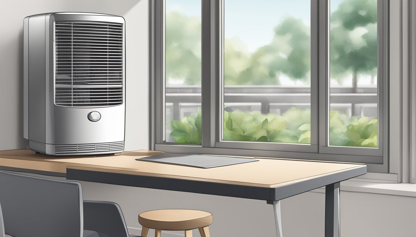 A small room cooler sits on a table near an open window, with a fan blowing cool air into the room. The compact size and sleek design make it perfect for small spaces