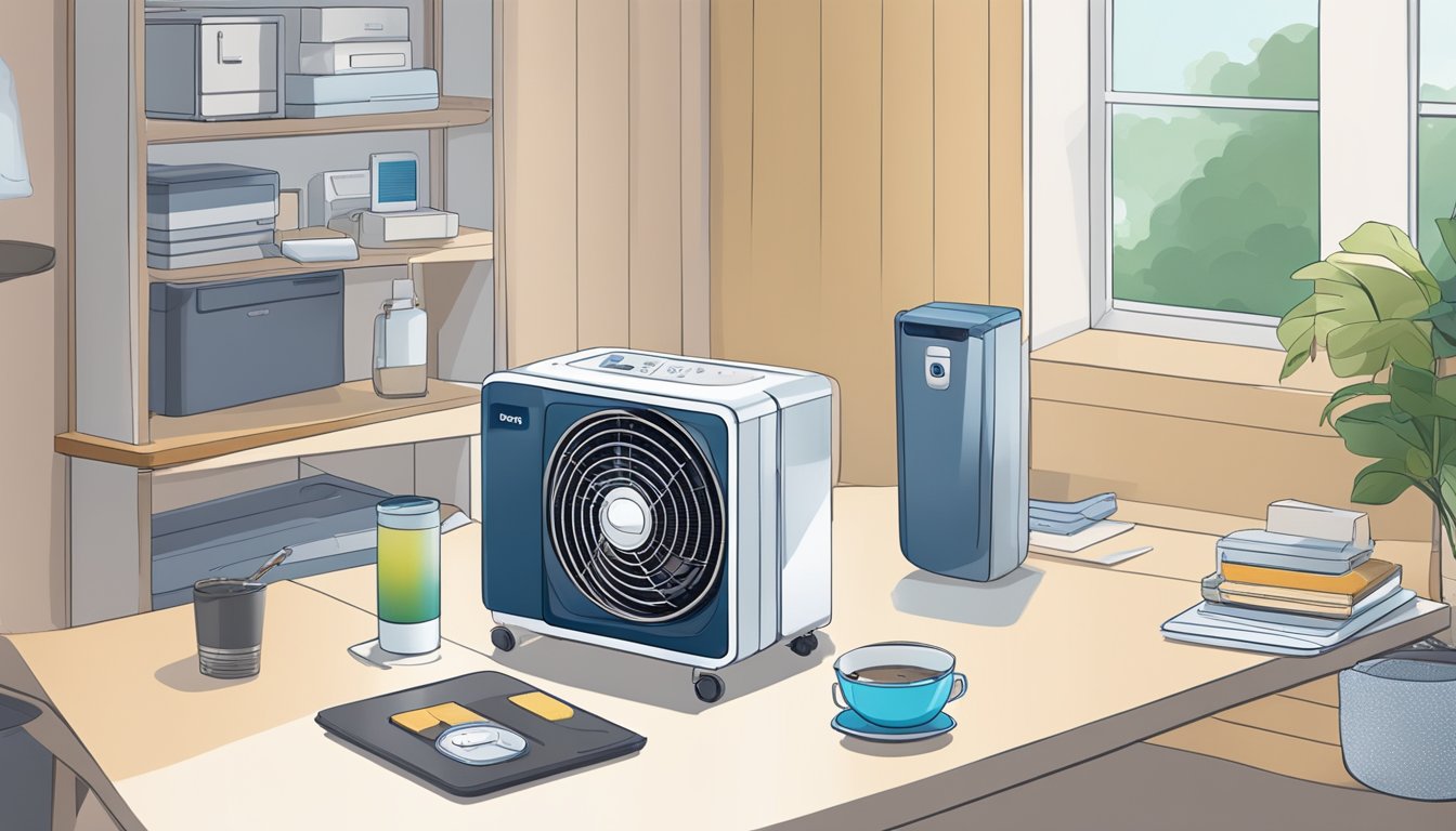 A small room cooler sits on a table, surrounded by various objects. A fan blows cool air, while a digital display shows current settings