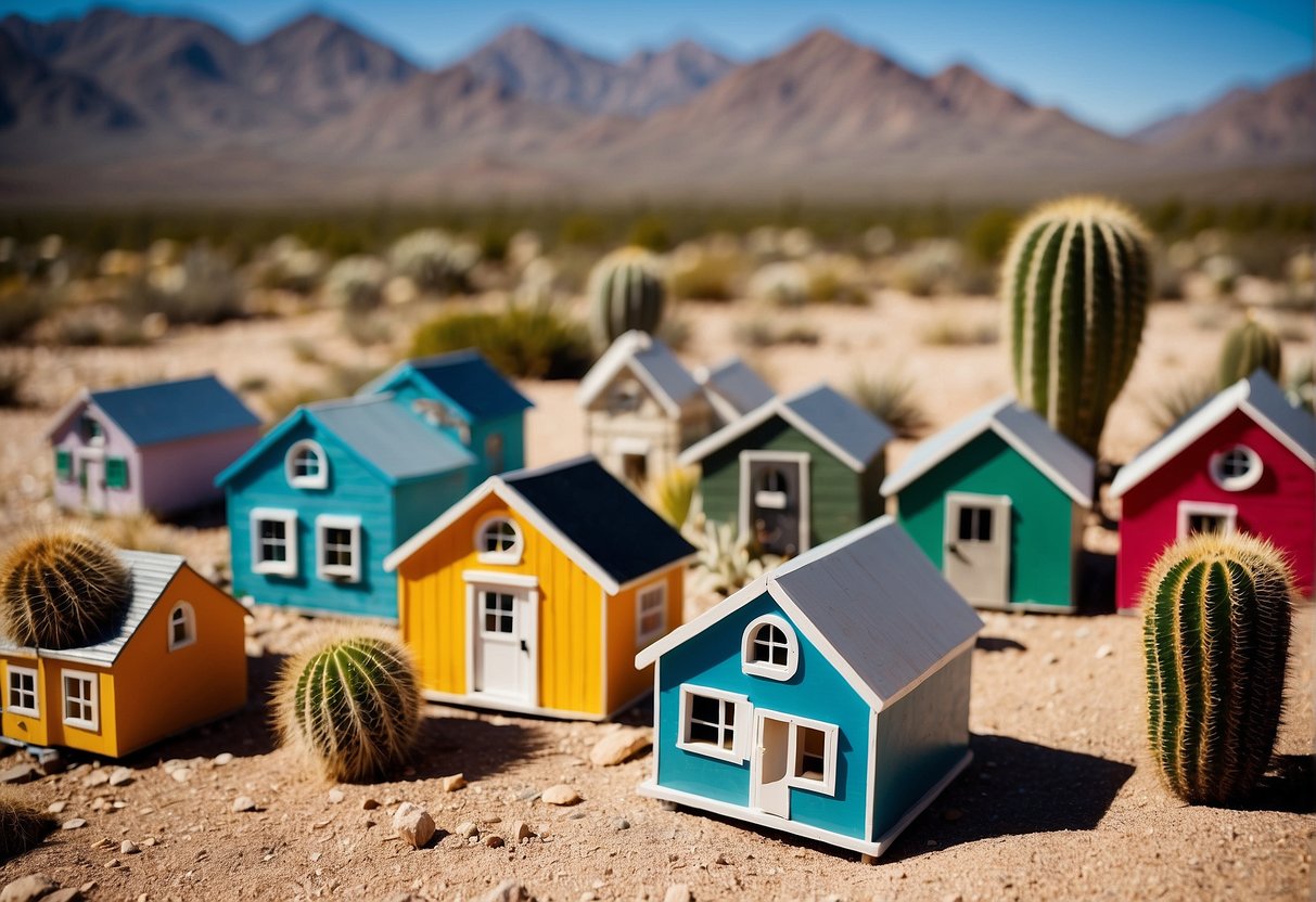 A cluster of colorful tiny houses nestled in the Arizona desert, surrounded by cacti and mountains under a clear blue sky